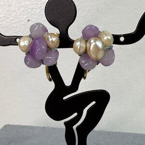 Vintage Les Bernard Purple Stone & Faux Pearl Cluster Screw Back Earrings